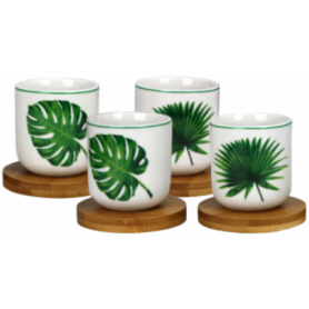 Lot de 4 tasses en porcelaine avec support bambou - coffret RAINFOREST - 2 designs feuilles - Ard'time