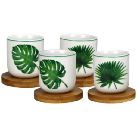 Lot de 4 tasses en porcelaine avec support bambou - coffret RAINFOREST - 2 designs feuilles - Ard'time