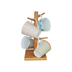 Lot de 4 mugs diam. 8,7cm, H. 10cm, avec support en bois coloris vert, rose, bleu et gris - "Gjøvik" Ard'time