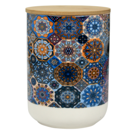 Boite en porcelaine GM "Riad"  avec couvercle bambou 900mL - 10,1*13,5 cm - 2 designs  panachés - Ard'time
