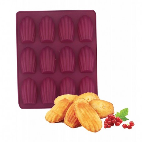 Moule en silicone platinium 12 mini madeleines pour "Café gourmand" - coloris prune - 18,5*22,5*2,5 cm - Boite couleur Ard'time