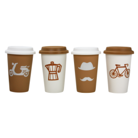 Mug à café 400mL bicolore avec couvercle silicone diam. 9 x H. 12,5cm - porcelaine - 4 designs panachés coffee shop - Ard'time