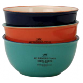 Lot de 4 bols en céramique 450ml "Au Rendez-vous des amis" Diam 13,5 cm x H. 6 cm - coloris orange, bleu et turquoise - Ard'time