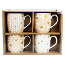 Coffret de 4 mugs 320ml "Instant Poudré" porcelaine - 27,5 x 9,5 x H 21cm - 4 motifs coloris rose poudré/or ensemble 1 Ard'time