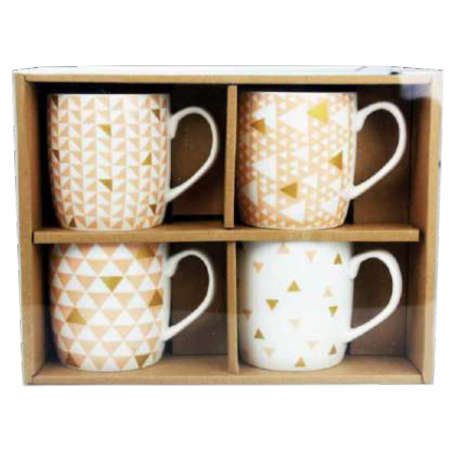 Coffret de 4 mugs 320ml "Instant Poudré" porcelaine - 27,5 x 9,5 x H 21cm - 4 motifs coloris rose poudré/or ensemble 1 Ard'time