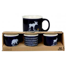 Coffret de 3 mini mugs "Alaska" en New Bone dim. 8,8 x 6,5 x 6,4 cm - 140 ml - 3 modèles panachés Bleus - Coffret Ard'time