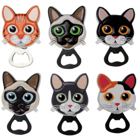 Decapsuleur "Fish & Cats": 5,3*10,5cm - 12 designs colorés panachés pattes et têtes de chat - stand magnétique gris- Val&Time