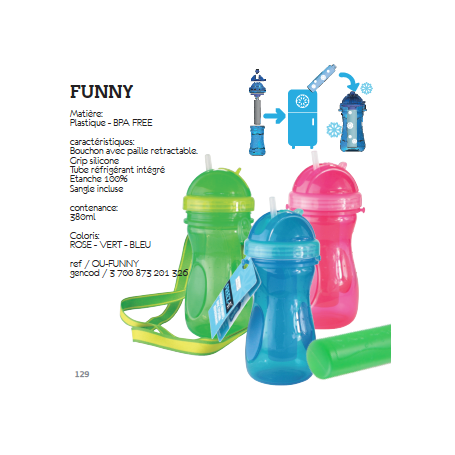 Gourde "Funny" avec tube réfrigérant, lanière et paille intégrée - design sport - 3 coloris bleu/rose et prune 380mL Ard'time