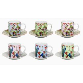 Tasse à café avec sous tasse "Ozio" 100 ml - Tasse : 7,7x5,5x6cm 6 designs panachés Oiseaux et Paons - Ard'time