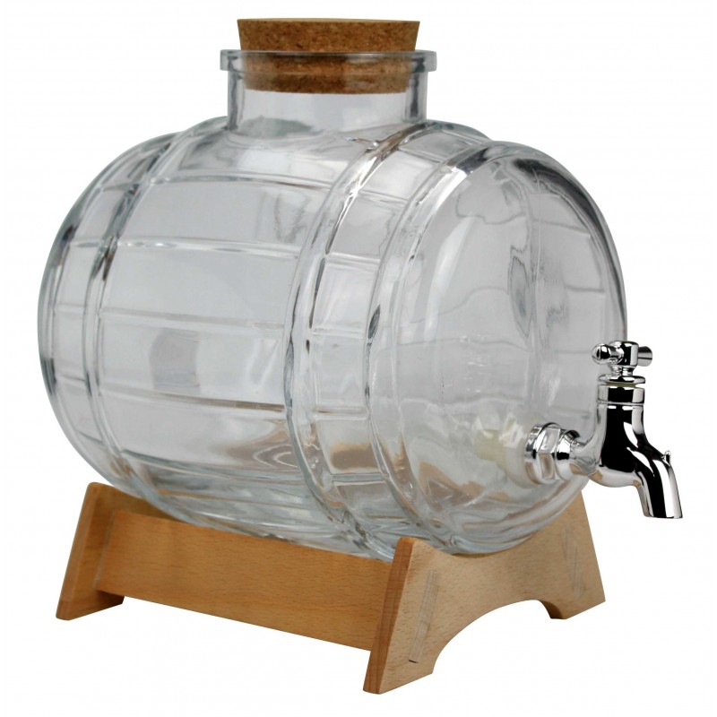 Fontaine tonneau 2,3 litres en verre avec support en bois - boite ouverte  Drinking Jar - Ard'time