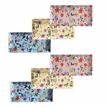 Plat rectangulaire "Flowers" -  3 coloris panachés rose/jaune/bleu- porcelaine- dim 27 x13,5  x 2 cm Ard'time
