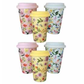 Mug droit 430ml avec couvercle silicone "Flowers" 3 coloris panachés rose/jaune/bleu- porcelaine 14 x 6,1 x 8,5 cm - Ard'time