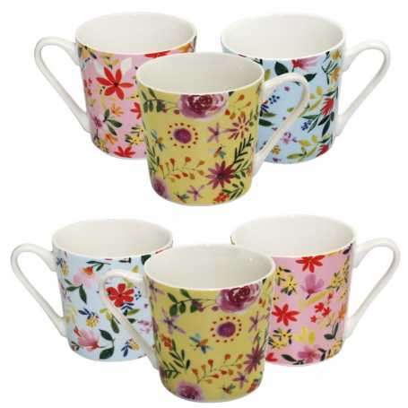 Mug  "Flowers" -  3 coloris panachés rose/jaune/bleu- porcelaine- dim  9,2 x 7,8 x 9,5 cm  -Ard'time