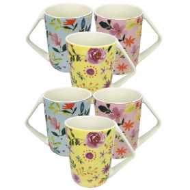 Mug poignée triangulaire"Flowers" 3 coloris panachés rose/jaune/bleu- porcelaine- dim 13 x 8,5 x 11,5 cm - 400 ml Ard'time