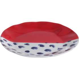 Grande assiette "Indigo Mood" en céramique Diam 26 x h 2,70 cm - 1 design : moitié blanc et pois bleu, moitié rouge- A Creation