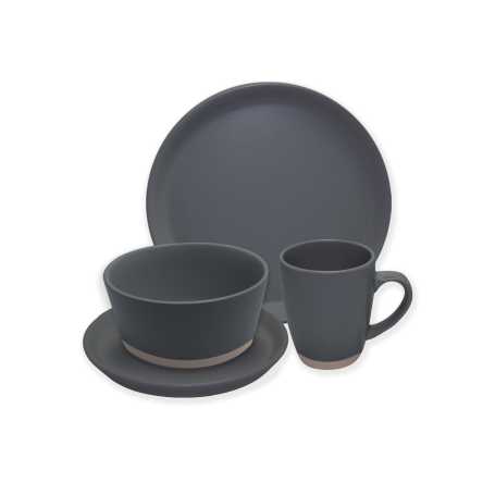 Service 16 pièces en céramique"IKO" - 4 assiettes 26 cm + 4 assiettes 19 cm + 4 bols 15 cm + 4 mugs 340 ml gris foncé Ard'time