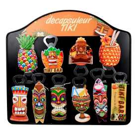 Décapsuleur "Tiki Bar": 5,3*10,5cm - 12 designs colorés panachés ananas et tiki Val&Time
