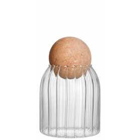 Petit bocal en verre borosilicate strié "Bobyo" avec bouchon boule en liège diam 9 x h 15 cm
