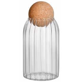 Grand bocal en verre borosilicate strié "Bobyo" avec bouchon boule en liège diam 9 x h 19 cm