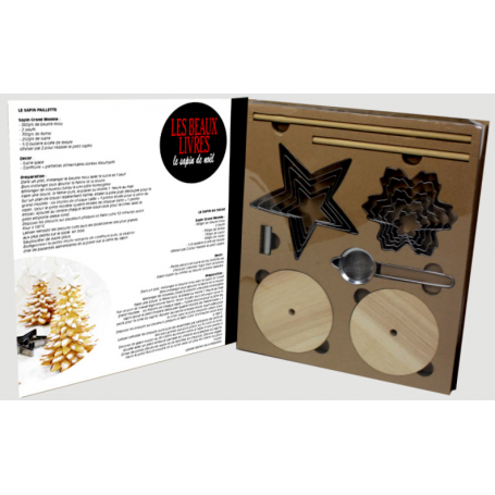 Livre arbres de Noël - 5 emporte-pièces flocons et étoiles, 2 mâts et 2 supports + tamis - coffret Les Beaux Livres Ard'time