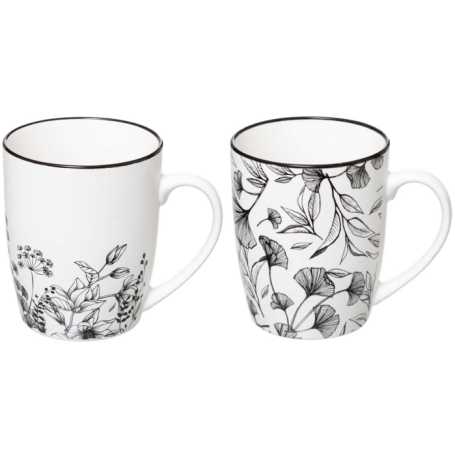 Mug 34cl en porcelaine floral "noir et blanc" - 2 designs assortis